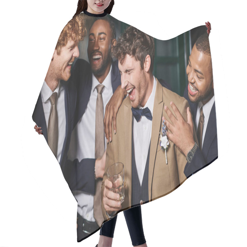 Personality  Bachelor Party, Excited Interracial Best Men And Groom Laughing And Holding Glasses Of Whiskey Hair Cutting Cape