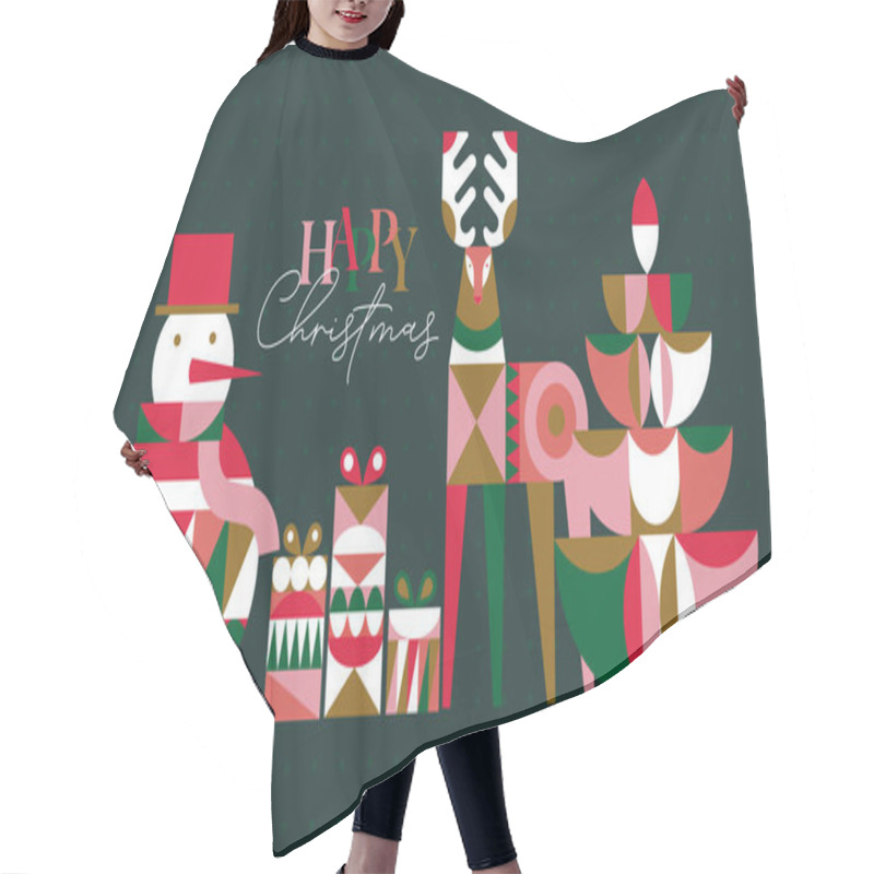 Personality  Poster Snowman, Present Box, Deer, Tree Lettering Happy Christmas In Cubism Style Drawing On Green Background Hair Cutting Cape