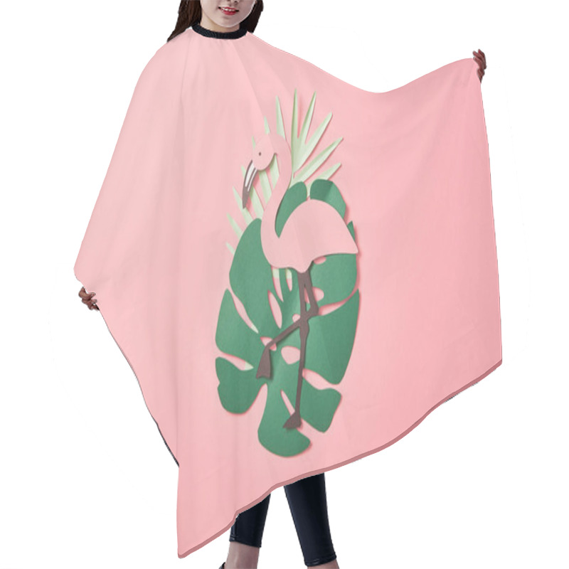 Personality  Top View Of Paper Cut Flamingos On Green Palm Leaves On Pink Background Hair Cutting Cape