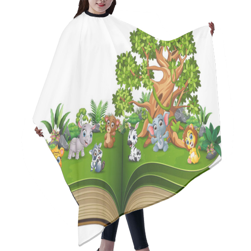 Personality  Open Book With Animal Cartoon Playing In The Park Under A Big Tree Hair Cutting Cape