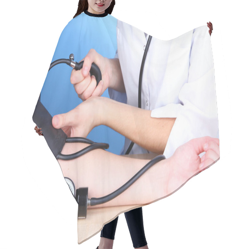 Personality  Blood Pressure Measuring On Blue Background Hair Cutting Cape