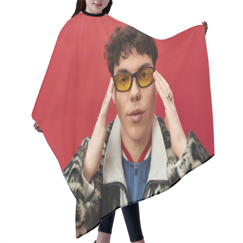 Personality  Handsome Individual Embraces Bold Style With Unique Fashion Choices And Playful Sunglasses. Hair Cutting Cape