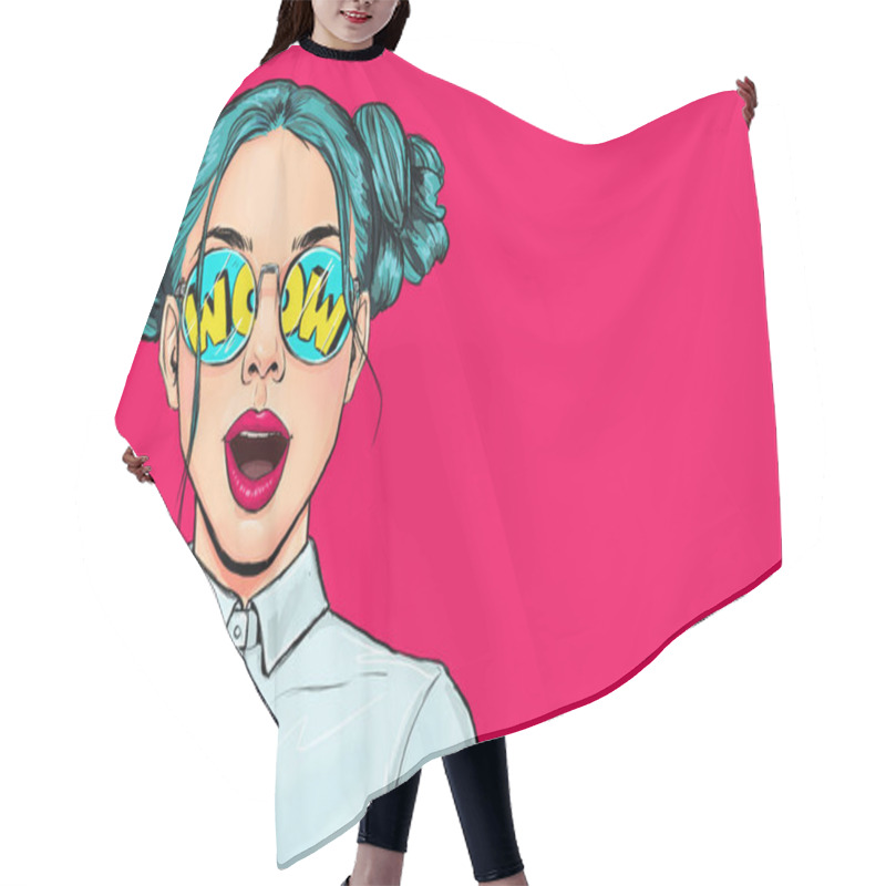 Personality  Surprised Amased Young Attractive Happy Pop Art Woman In Glasses . Advertising Poster Or Party Invitation With Sexy  Girl  In Comic Style. Hair Cutting Cape