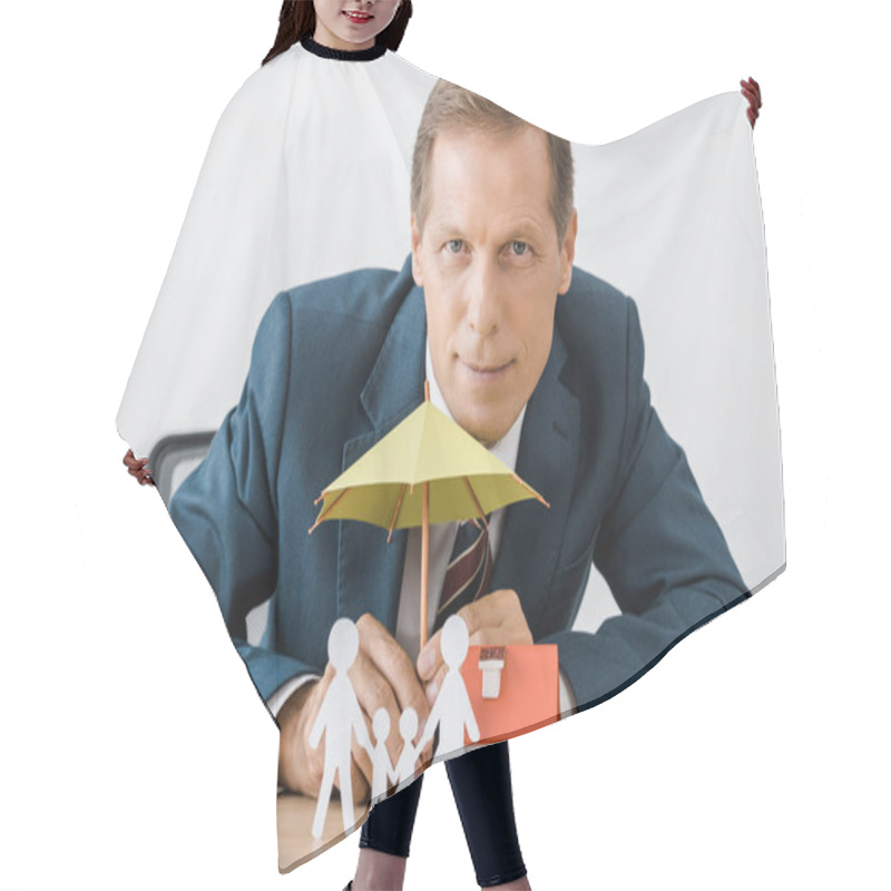 Personality  Businessman With Paper Cut Family, House Model And Umbrella On Wooden Table Hair Cutting Cape