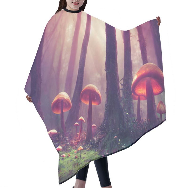 Personality  An Illustrative Painting With Detail Of A Forest With Many Mushrooms And Flowers In The Dense Grass Of A Forest. Hair Cutting Cape