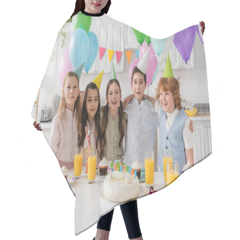 Personality  Positive Group Of Children Singing Happy Birthday Song Next To Cake With Candles And Balloons  Hair Cutting Cape