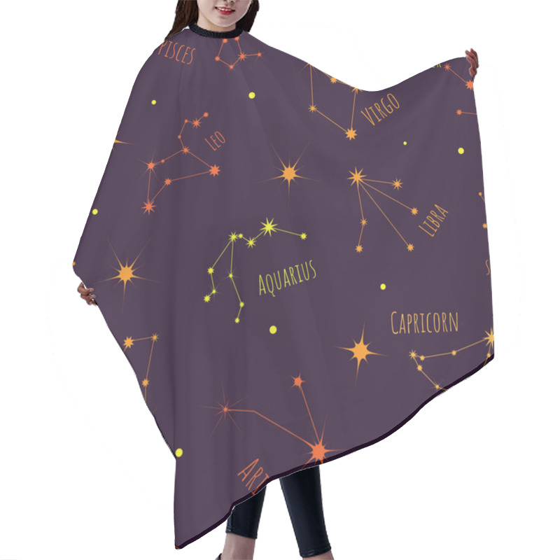 Personality  12 Signs Of The Zodiac Symbols Seamless Pattern. Astrological Constellations On A Dark Background. Night Sky, Universe, Galaxy. Texture For Packaging, Paper And Fabric, Vector. Hair Cutting Cape