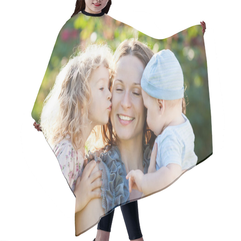 Personality  Happy Woman With Child And Baby Hair Cutting Cape