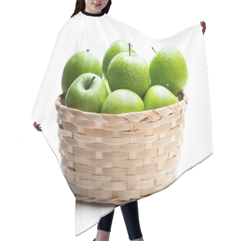 Personality  Ripe Green Apples In Wicker Basket Isolated On White  Hair Cutting Cape