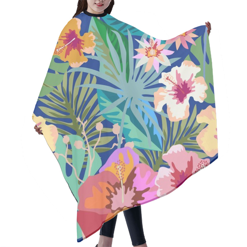 Personality  Dark Tropical Paradise. Seamless Vector Pattern With Palm Leaves And Exotic Flowers.  Hair Cutting Cape