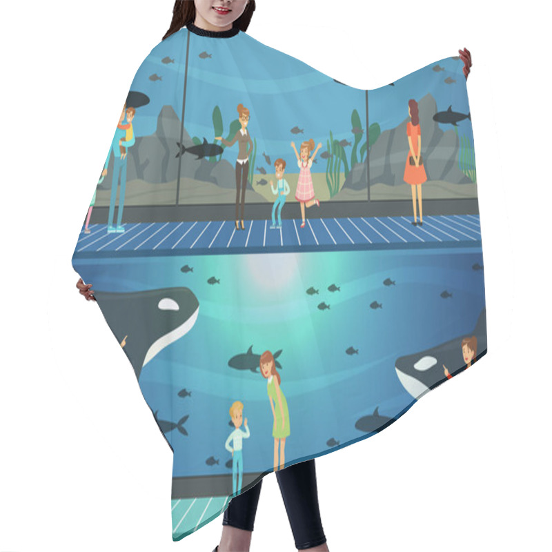 Personality  People Visiting An Oceanarium Set Of Vector Illustrations, Parents With Children Watching Underwater Scenery With Sea Animals Hair Cutting Cape