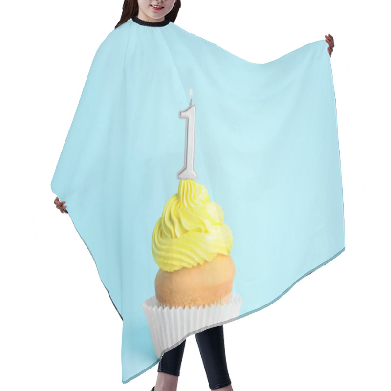 Personality  Birthday Cupcake With Number One Candle On Blue Background Hair Cutting Cape