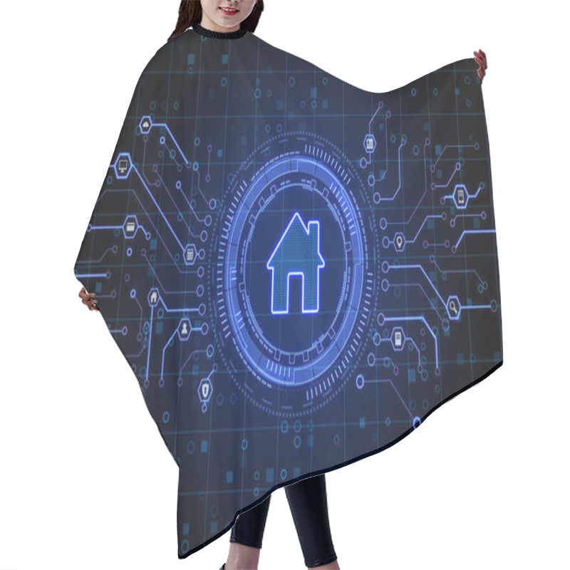 Personality  Smart Home Concept With Glowing Blue Home Symbol In Abstract Technological Circle On Dark Digital Backdrop. 3D Rendering Hair Cutting Cape