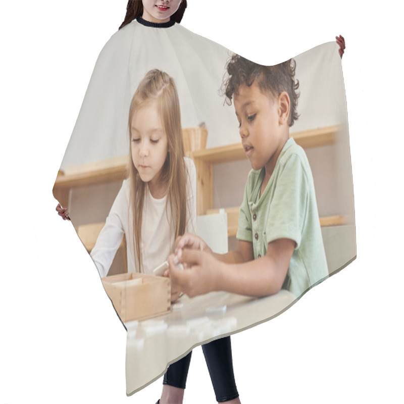 Personality  Math Learning, Diverse Children, African American Boy Playing With Girl, Montessori School Concept Hair Cutting Cape