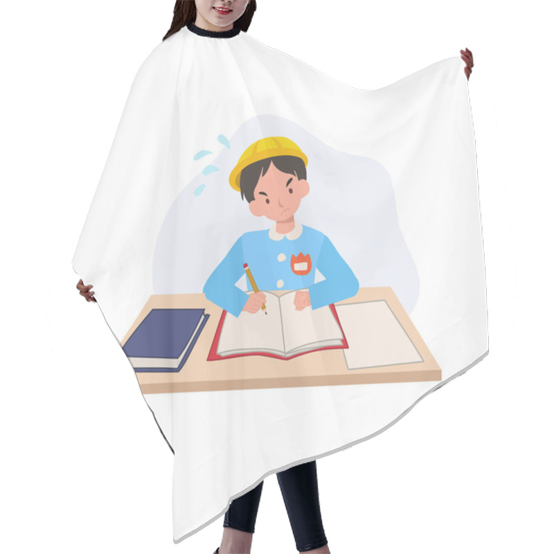 Personality  Child In Kindergarten Uniform Deeply Focused On Homework Assignment Hair Cutting Cape