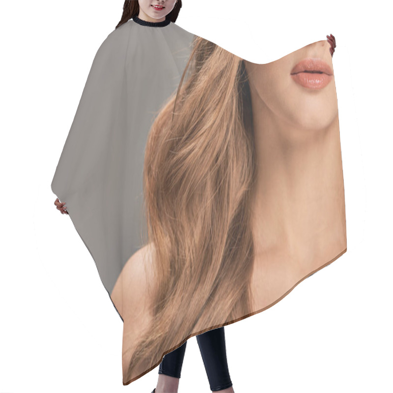 Personality  Cropped View Of Young Beautiful Woman With Long Wavy Hair, Radiating Elegance And Charm. Hair Cutting Cape