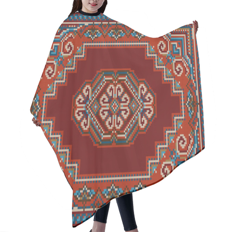 Personality  Vintage Luxurious Motley Carpet In Red And Blue Shades With Pattern On A Burgundy Field In The Center Hair Cutting Cape