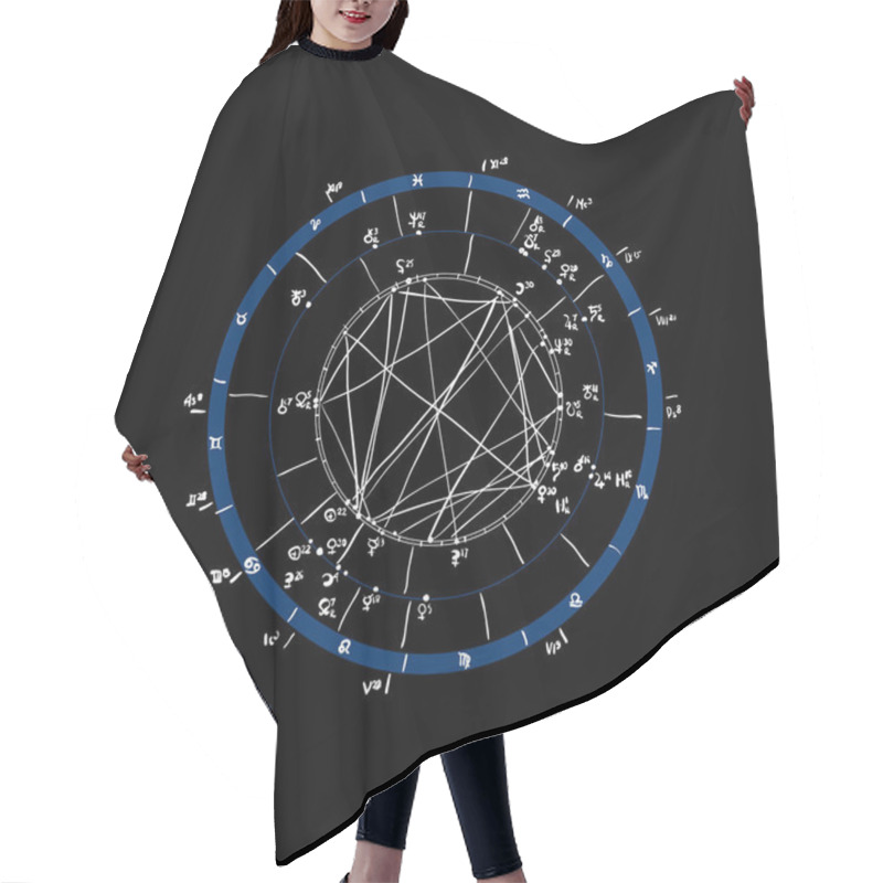 Personality  Horoscope Natal Chart, Astrological Celestial Map, Cosmogram, Vitasphere, Radix. Blue White Black Color. Hand Drawn Calligraphy. Vector Hair Cutting Cape