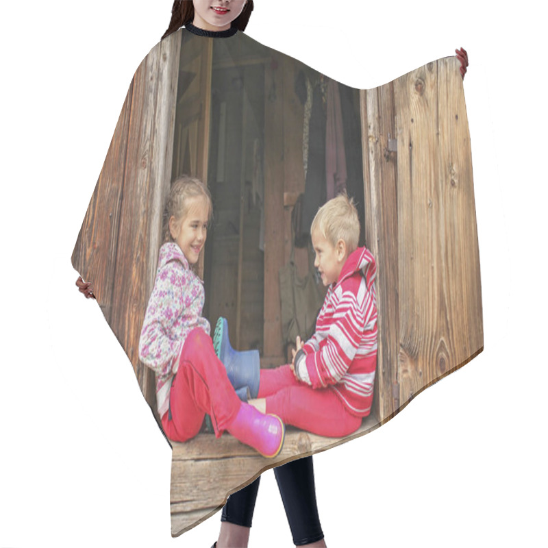 Personality  Children Having Rest On The Doorstep Of Old Wooden House During  Hair Cutting Cape