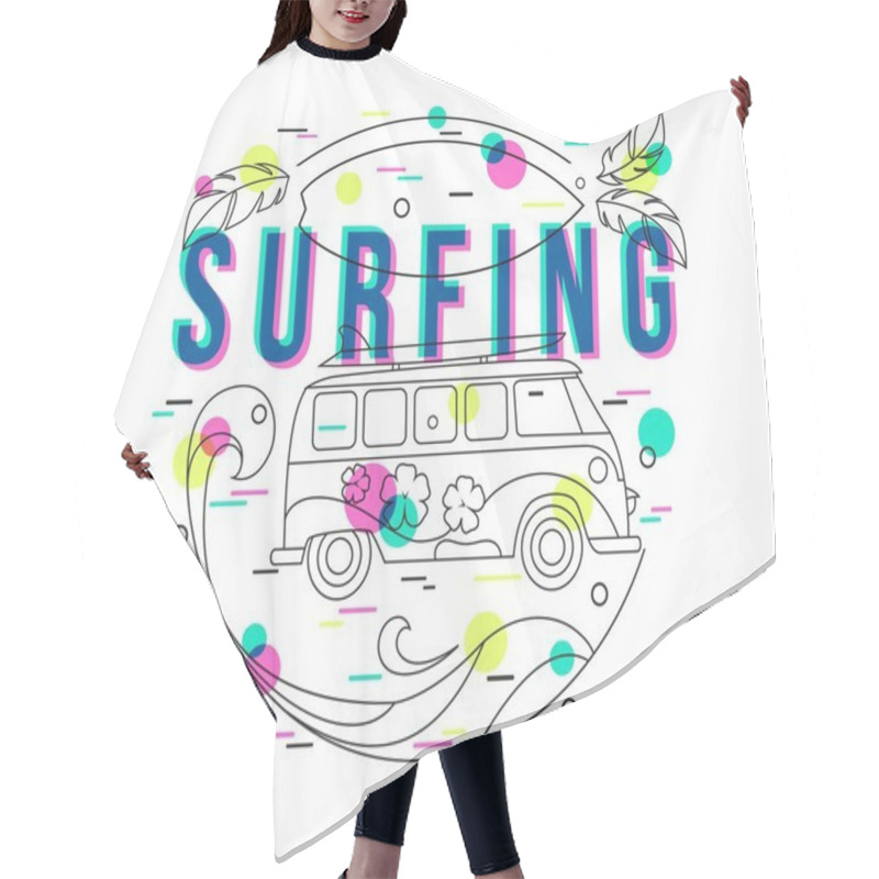 Personality  Summer Surfing Background With Mini Van And Wave. Surfing Label Design For Poster, Banner, Flyer. Hipster Bus. Surfer Bus. Flat Style, Thin Line Art Design. Hair Cutting Cape