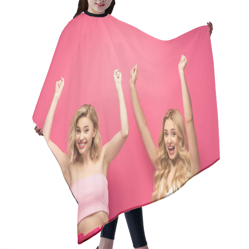 Personality  Beautiful Girls Showing Yes Gesture And Smiling At Camera On Pink Background Hair Cutting Cape