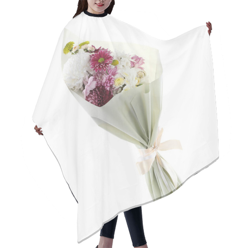 Personality  Bouquet Of Beautiful Chrysanthemum Flowers Isolated On White Hair Cutting Cape