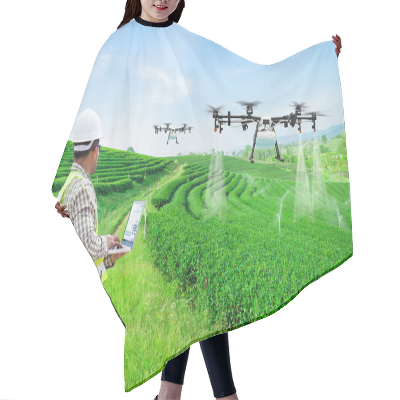 Personality  Technician Farmer Use Wifi Computer Control Agriculture Drone Fly To Sprayed Fertilizer On The Green Tea Fields, Smart Farm 4.0 Concept Hair Cutting Cape