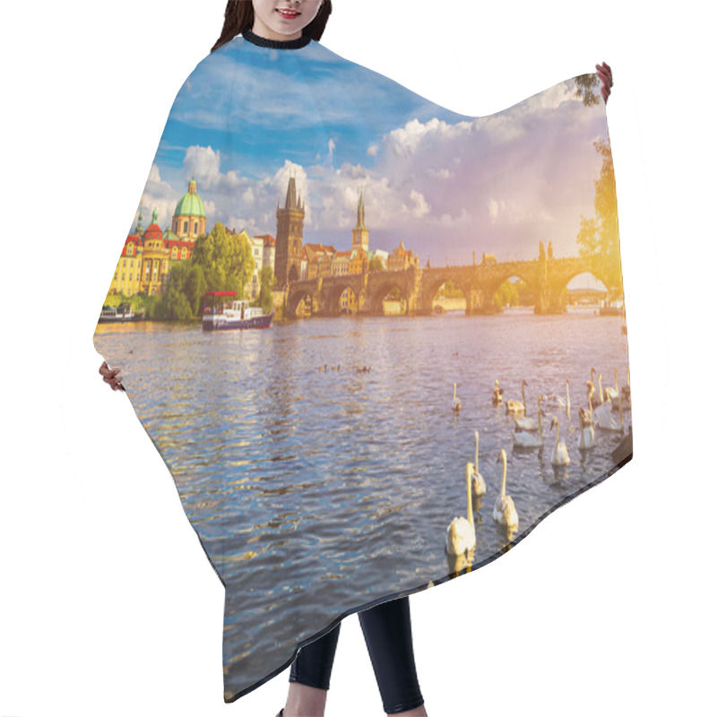 Personality  View Of Prague Charles Bridge Near The Vltava River. Swan On The River. Swans Swim In The Vltava River. Charles Bridge At Sunset. Prague Swans Of The Vltava River, Prague, Czech Republic Hair Cutting Cape