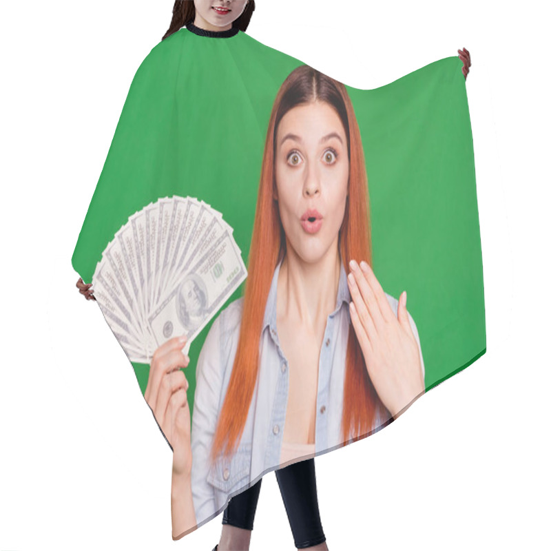 Personality  Close Up Photo Of Astonished Funky Cute Charming Youth Hold Hand  Wonder Incredible Money Salary Wave Palm Wear Modern Denim Clothing Red Long Straight-haired Isolated On Green Background Hair Cutting Cape