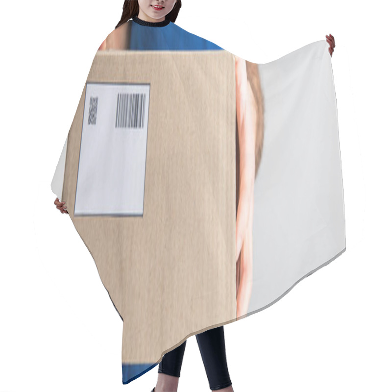 Personality  Cropped View Of Delivery Man Holding Cardboard Box With Qr Code And Barcode Isolated On Grey, Panoramic Shot Hair Cutting Cape