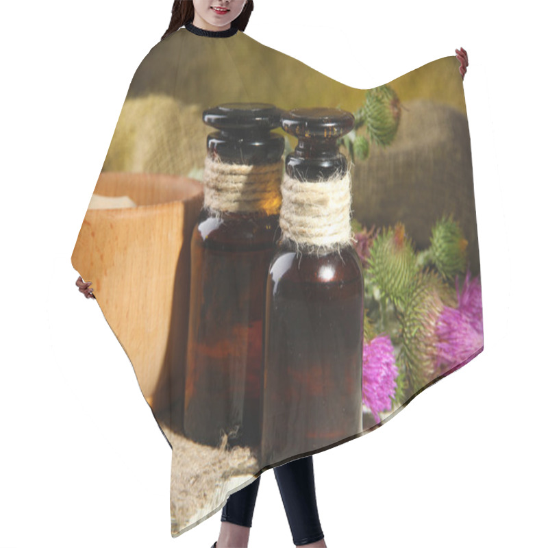 Personality  Medicine Bottles And Mortar With Thistle Flowers Hair Cutting Cape