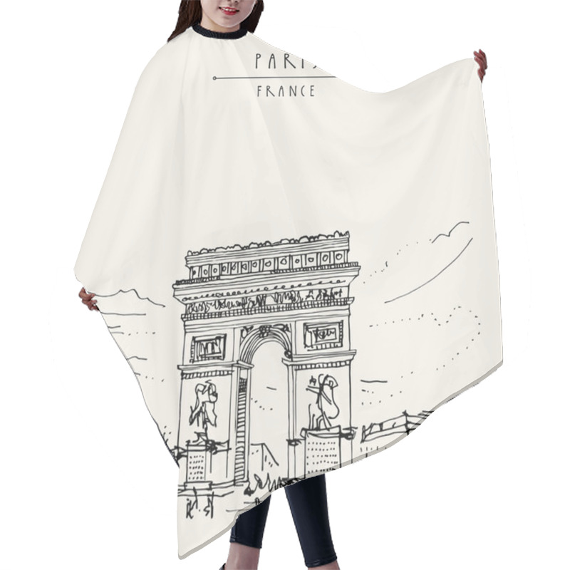 Personality  Paris, France. Arc De Triomphe (Triumphal Arch) In French Capital. Hand Drawing. Retro Style Artistic Travel Sketch. Vintage Hand Drawn Touristic Postcard, Poster, Book Illustration Hair Cutting Cape