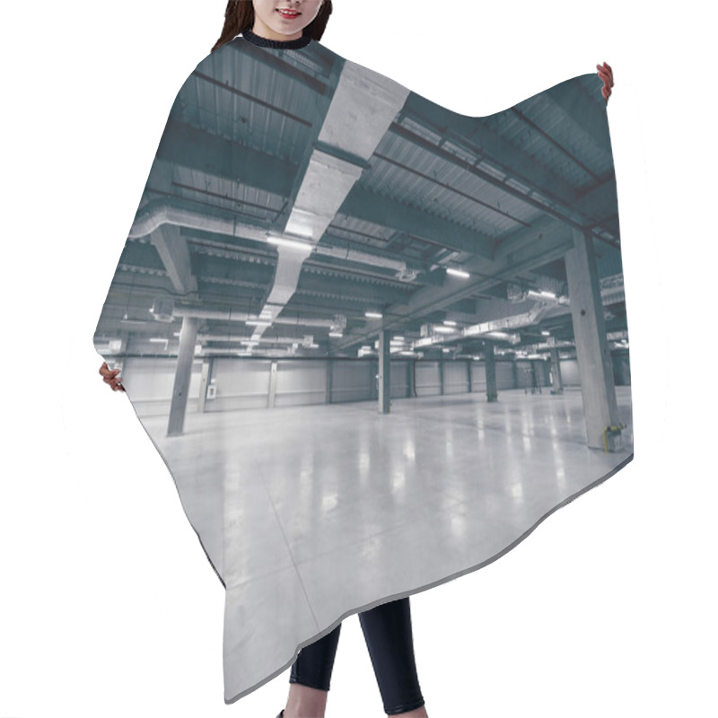 Personality  Large Empty Industrial Space With Visible Ductwork, Lighting, And Concrete Pillars, Showing Modern Building Infrastructure In A Warehouse Or Commercial Facility Hair Cutting Cape