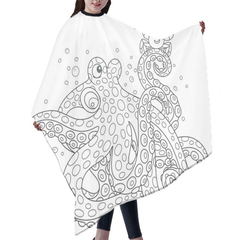 Personality  Big Spotted Octopus Talking With A Funny Small Crab, A Black And White Vector Illustration In A Cartoon Style For A Coloring Book Hair Cutting Cape