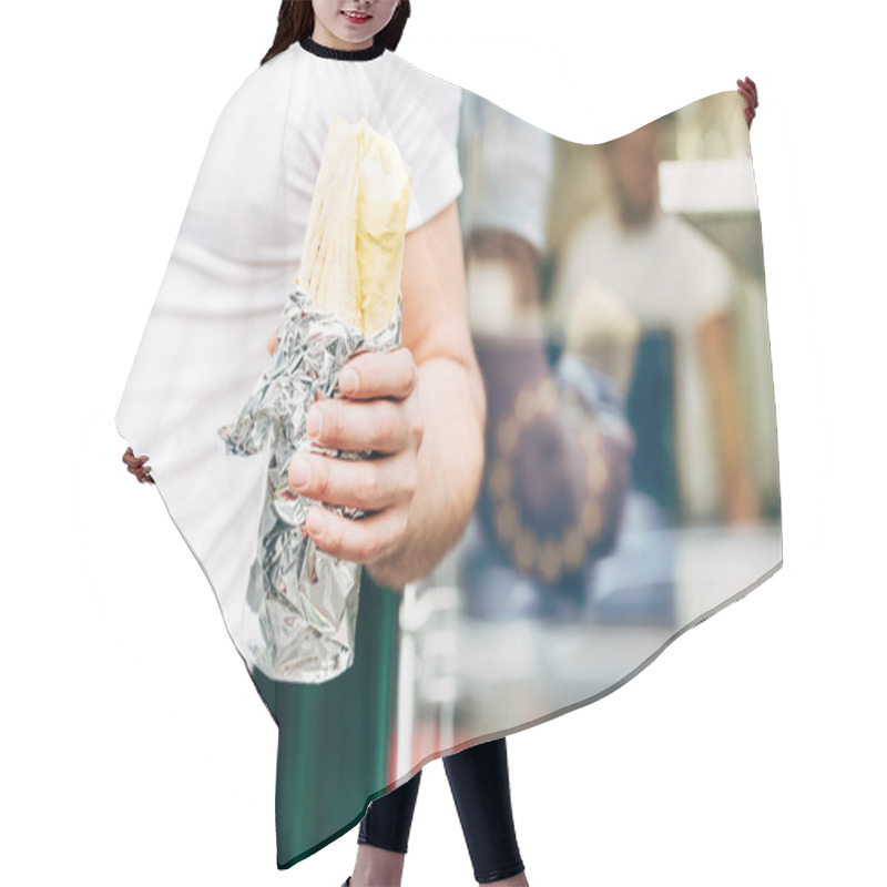 Personality  Partial View Of Man Holding Doner Kebab In Aluminium Foil Hair Cutting Cape