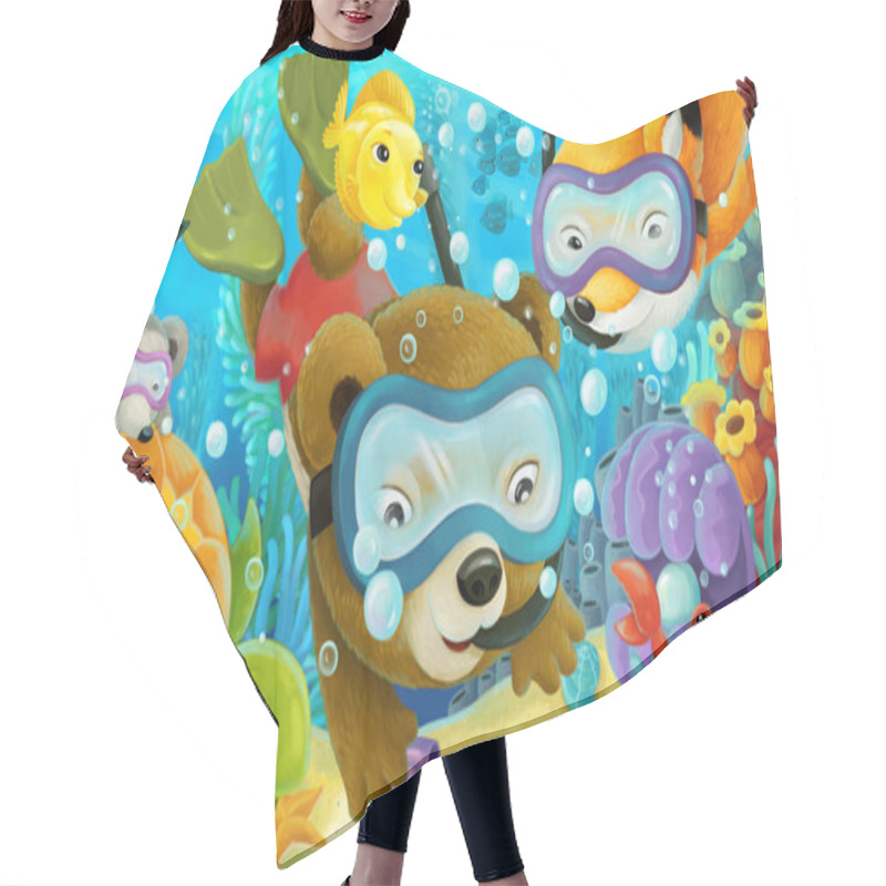 Personality  Cartoon Ocean Scene With Coral Reef And Forest Animals Diving - Illustration For Children Hair Cutting Cape