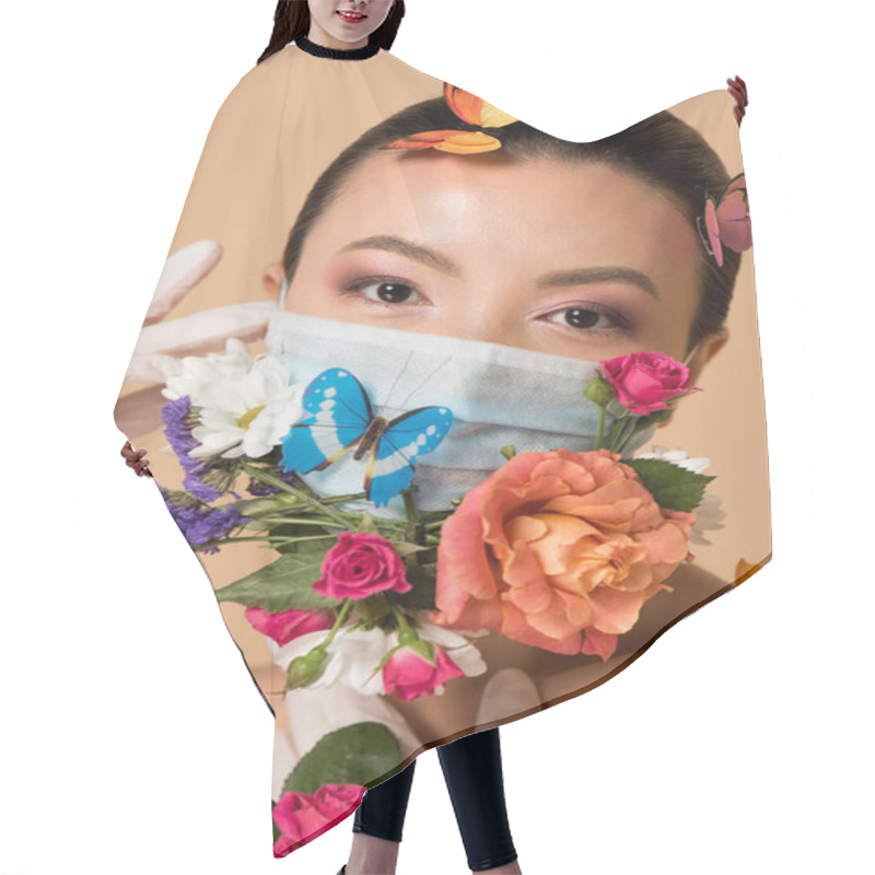 Personality  Attractive Asian Woman In Latex Gloves And Floral Face Mask With Butterflies Isolated On Beige Hair Cutting Cape