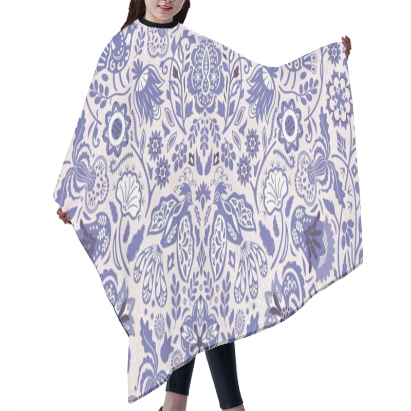 Personality  Folksy Stylized Flowers And Cute Fancy Birds In A Summer Garden Celebrating Spritely Joyous Violet-blue Shade, Very Peri. Abstracted Floral Elements And Shapes Inspired By Nature And The Eastern European Folk Art Have A Decorative Look. Hair Cutting Cape