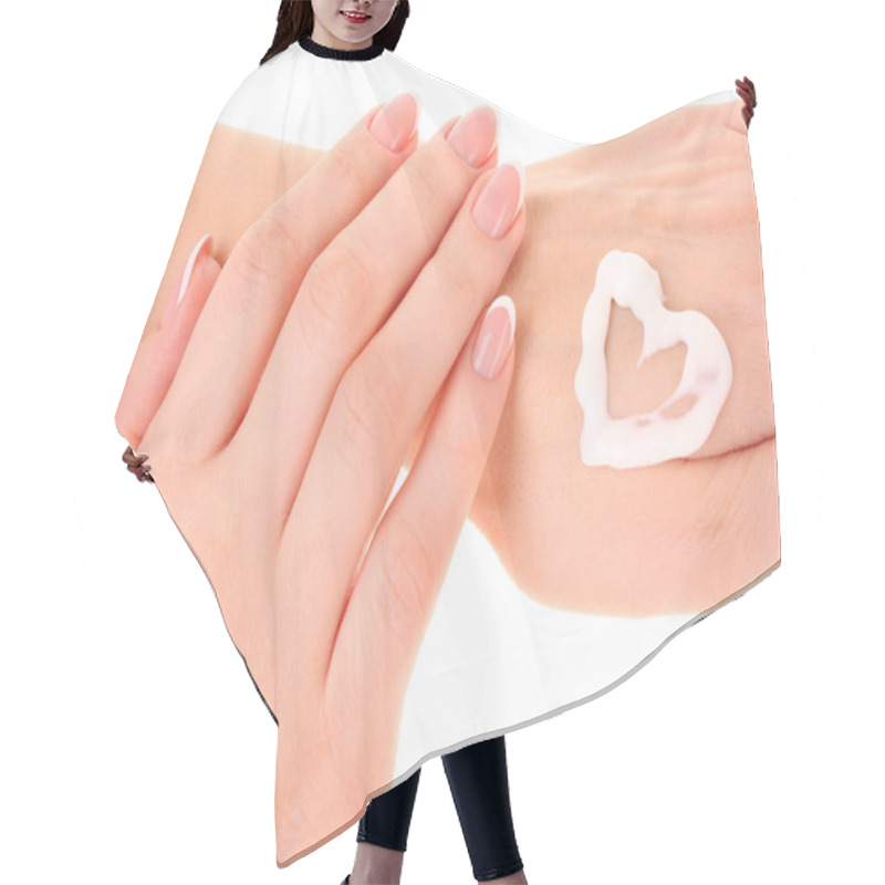 Personality  Two Woman Hands Spreading The Cream In The Form Oh Heart Isolate Hair Cutting Cape