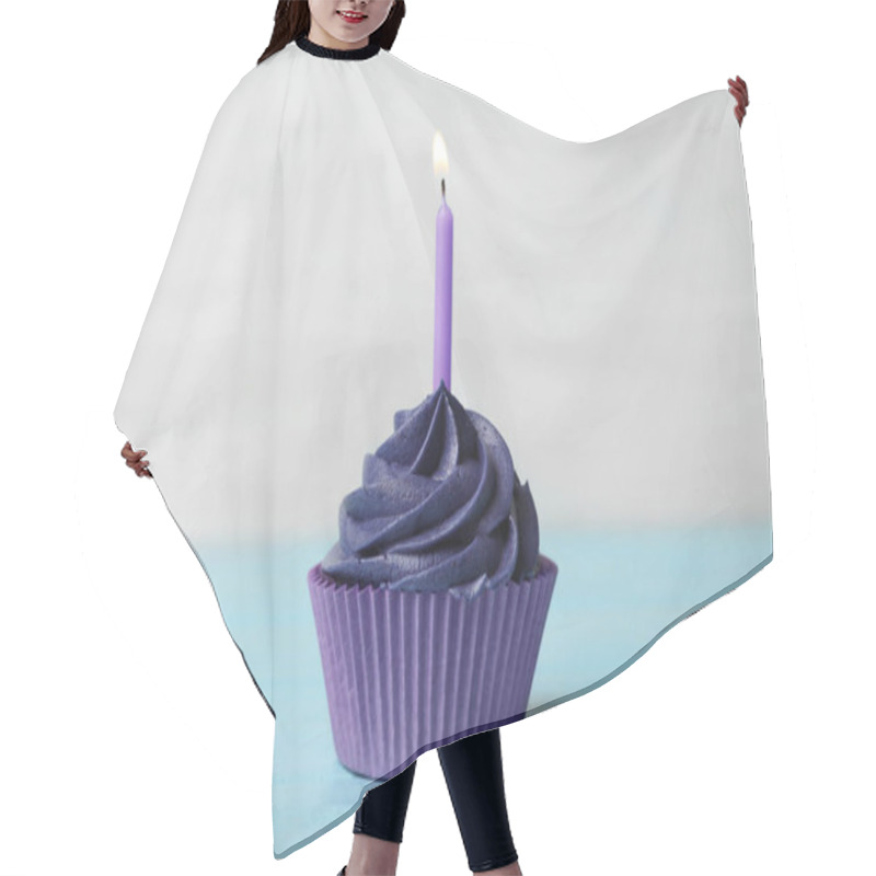 Personality  Delicious Birthday Cupcake With Cream And Burning Candle On Blue Wooden Table Hair Cutting Cape