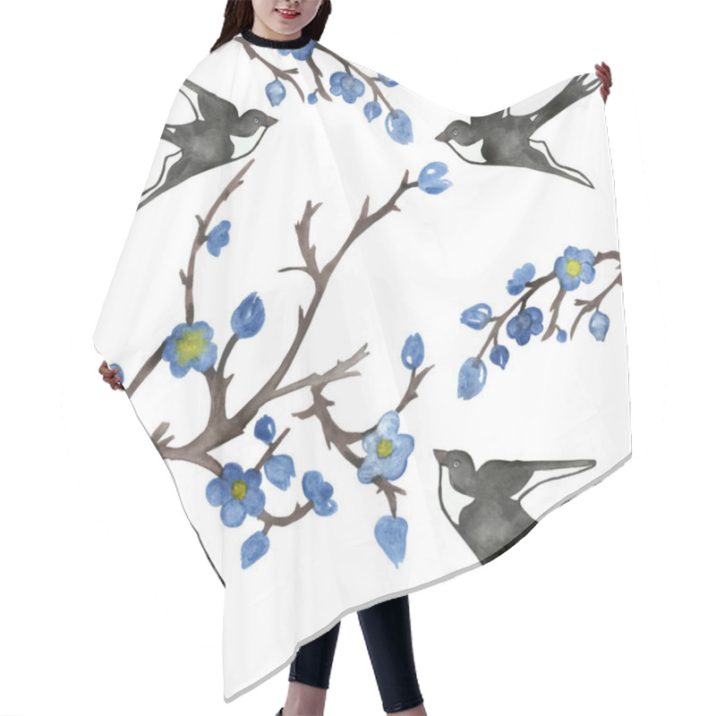 Personality  Watercolor Hand Painted Nature Composition With Black And White Swallow Birds Flying Around Brown Tree Branches And Blue Blossom Flowers With Yellow Center On The White Background For Design Elements Hair Cutting Cape