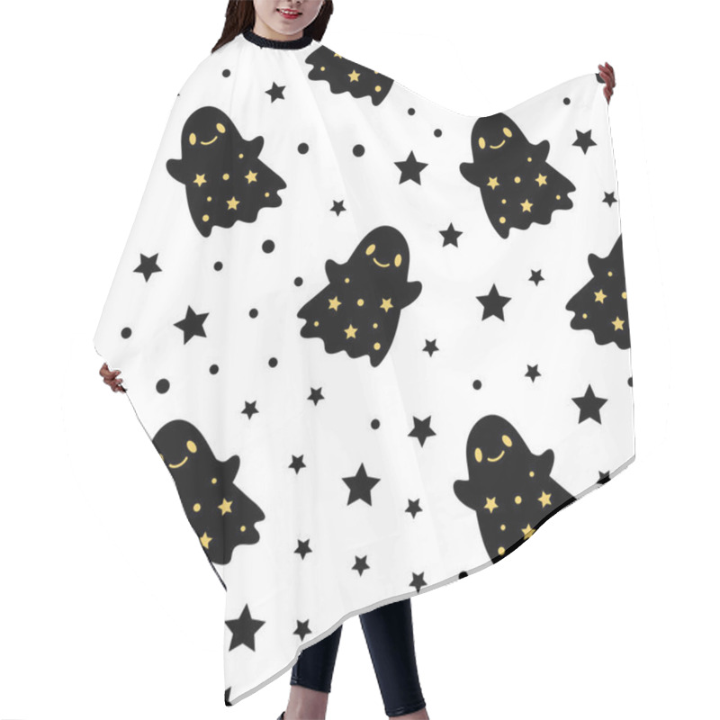 Personality  Seamless Pattern Of Cute Little Cartoon Ghosts For Happy Halloween On White Background With Gold Stars. Hair Cutting Cape