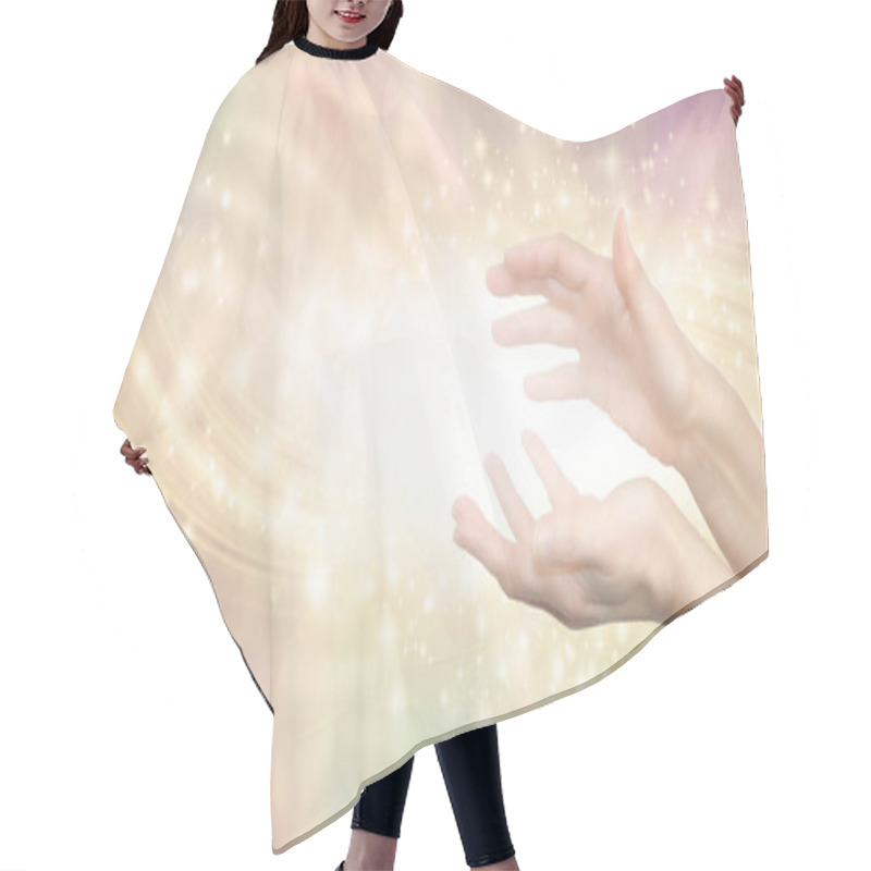 Personality  Sending High Vibe Distant Healing - Female Hands Sensing White Healing Vibes Against Golden  Ethereal Energy Field Background With Copy Space For Message Hair Cutting Cape