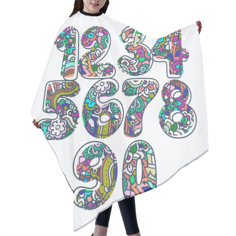 Personality  Set Of Patterned Hand Drawn Numbers. Funny Doodle Contour Math Signs Hair Cutting Cape