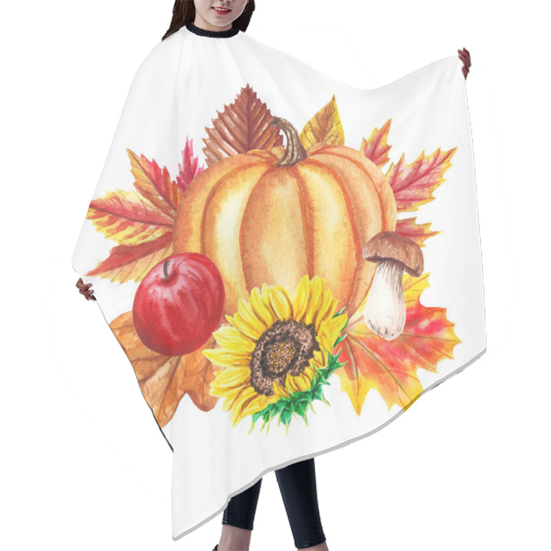 Personality  Watercolor Autumn Card With Mushrooms, Sunflowers, Pumpkins, Apples, Leaves Isolated On White. Botanic Composition For Greeting Cards, Wedding Invitations, Floral Poster And Decorations. Hair Cutting Cape