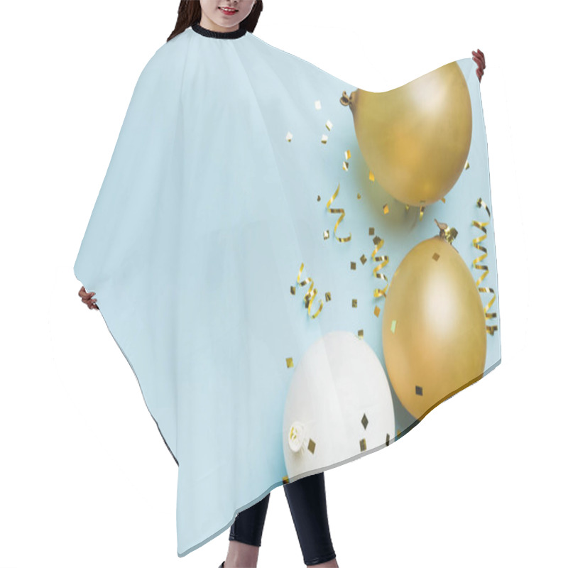 Personality  Background With Fastive Air Balloons Of Round Shape And Confetti, Multicoloured Top View. Birthday Party Background. Hair Cutting Cape