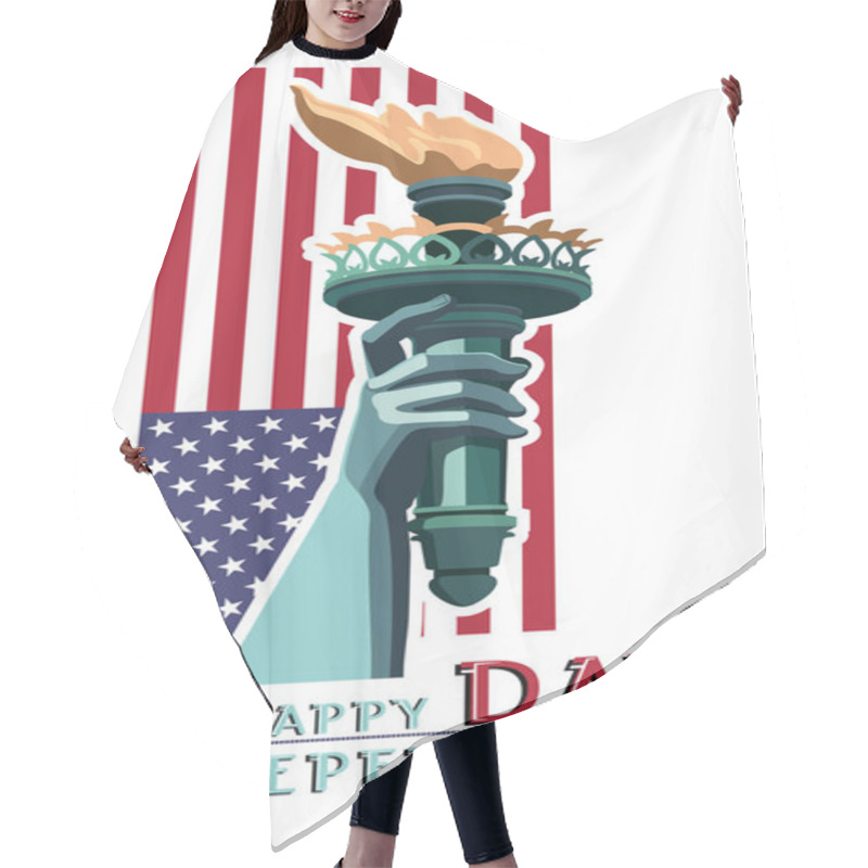 Personality  Independence Day. The Hand Torch. Statue Of Liberty. During The Holiday, The Day Of The US Flag. July 4 Flat Banner. 3D Font Letters. Red And Green Color Illustration On A White Background. Vector Hair Cutting Cape