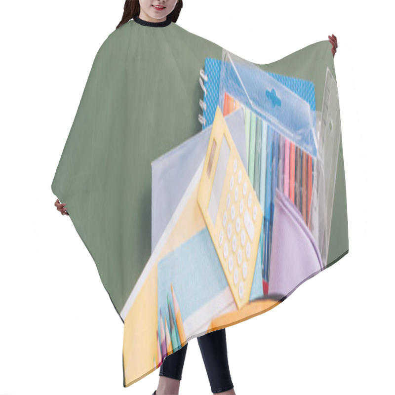 Personality  Top View Of Backpack Full Of School Stationery On Green Chalkboard, Horizontal Image Hair Cutting Cape