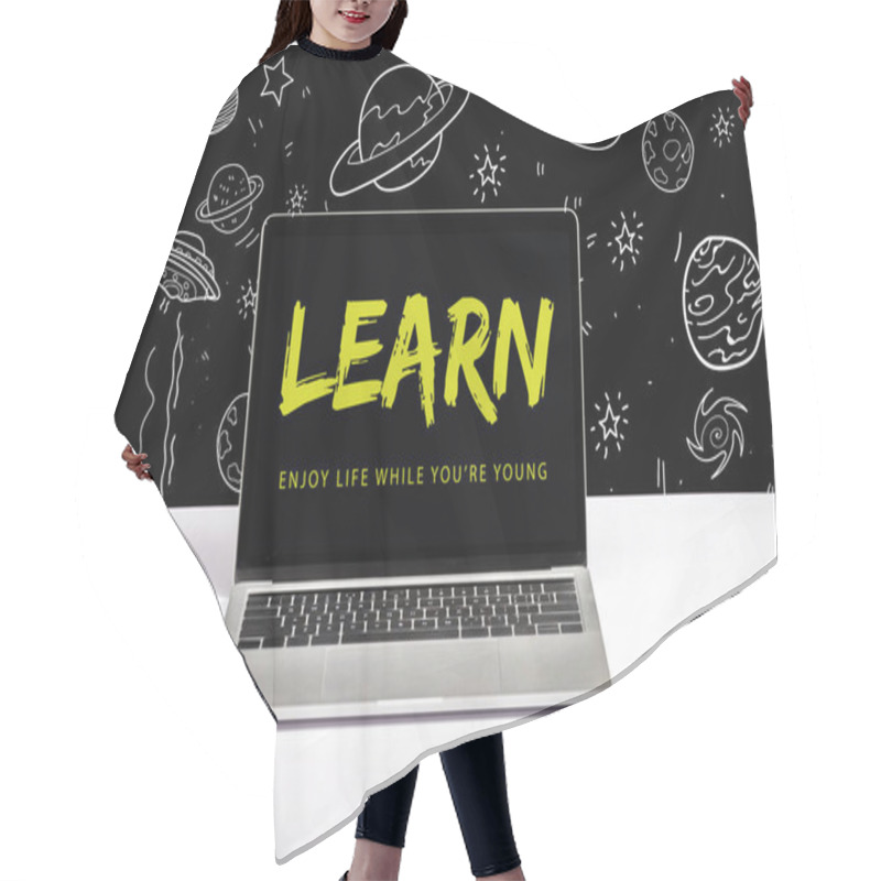 Personality  Laptop On Table With Enjoy Life While You Are Young And Learn Lettering On Screen With White Space Illustration On Black  Hair Cutting Cape