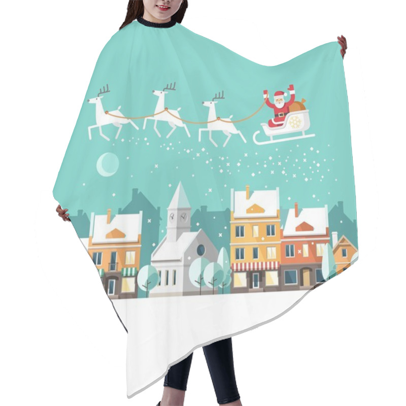 Personality  Santa Claus On Sleigh And His Reindeers. Winter Town. Urban Winter Landscape. Hair Cutting Cape